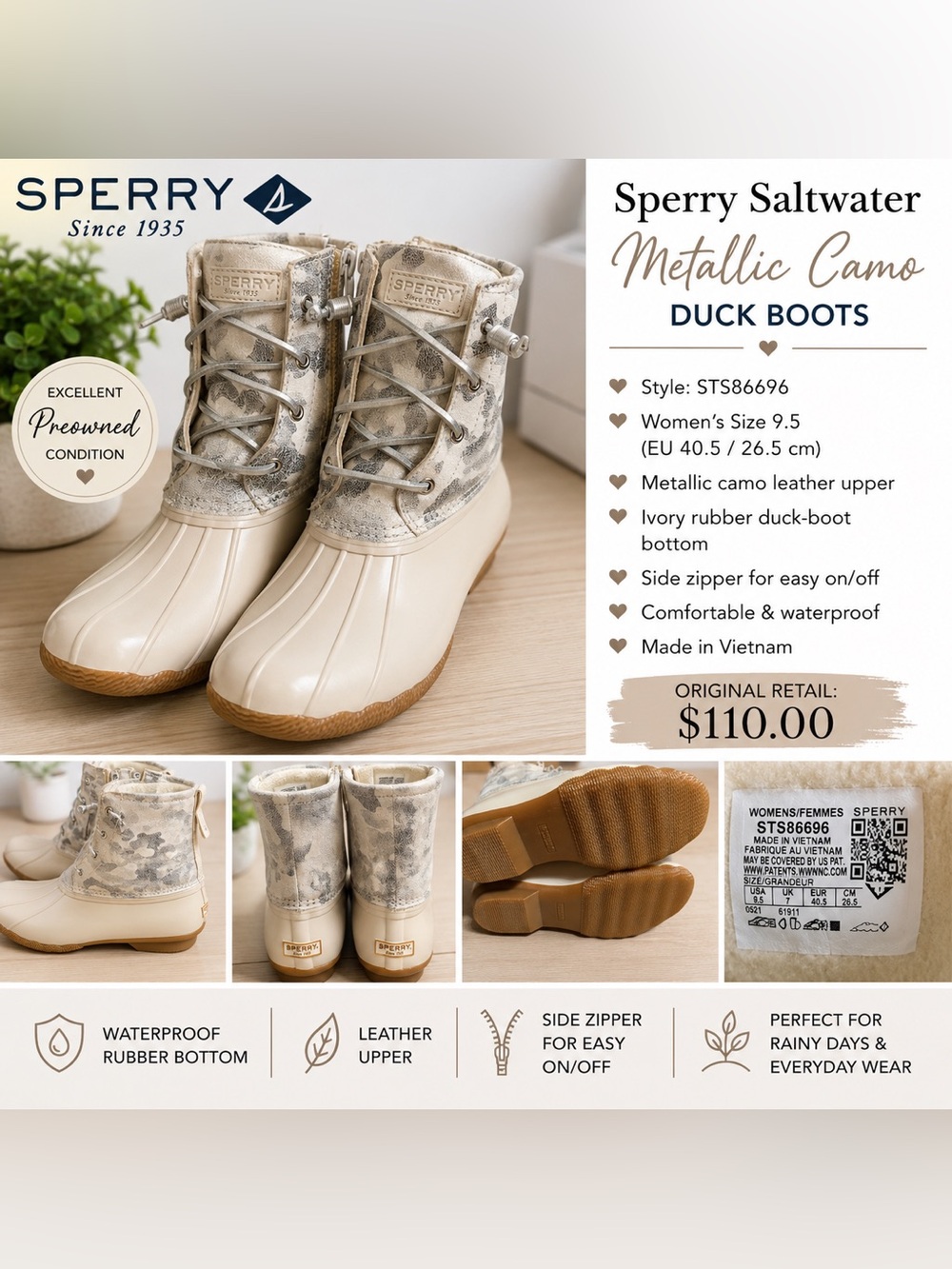 Sperry Saltwater Metallic Camo Duck Boots Women’s 9.5